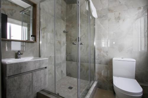 a bathroom with a shower and a toilet and a sink at Luxe Musgrave Boutique Hotel in Durban