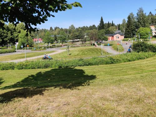 a shadow of a tree on a grass field at Nina`s GuestHouse, Jämsä City, 160 m2, Include x2 Himos Ski Pass in Jämsä