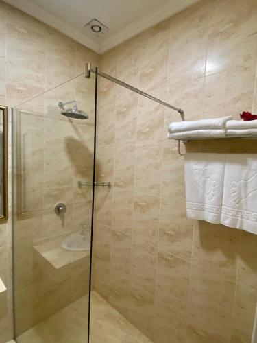 a bathroom with a shower with a glass door at Boutique Hotel Deluxe in Kamianets-Podilskyi