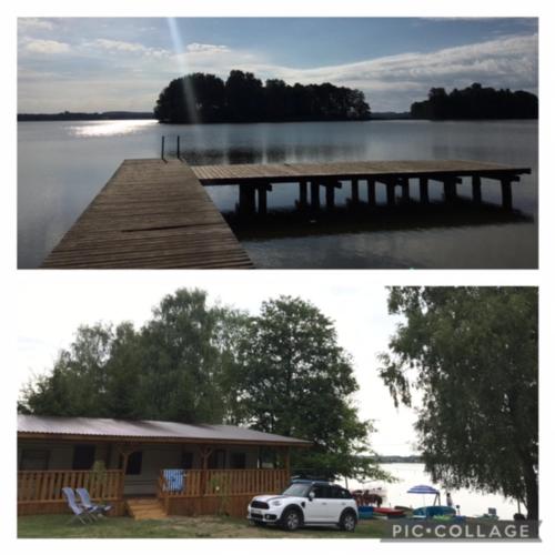 two pictures of a dock and a car on a lake at Holender Przy Plaży in Wilimy