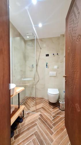 a bathroom with a shower and a toilet and a sink at NeoKulla Hotel - Hikers Hive in Valbonë