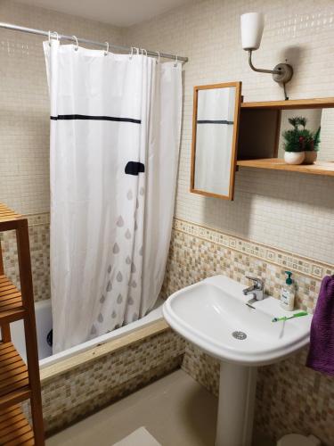 a bathroom with a shower curtain and a sink at ÁTICO SANXENXO CON TERRAZAS Y VISTAS AL MAR in Sanxenxo