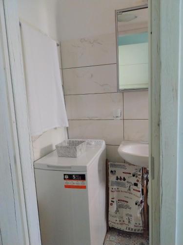 a small bathroom with a sink and a washing machine at Studio Sofia Campiello in Corfu Town