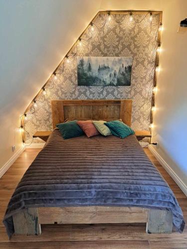 a bedroom with a large bed with lights on it at Apartament Natura in Lidzbark Warmiński