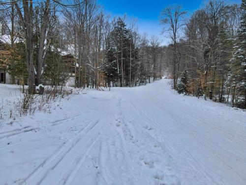 a snow covered road with footprints in the woods at 679 Disciples Village Unit in Boyne Falls