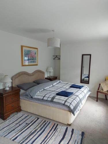 een slaapkamer met een bed, een tafel en een spiegel bij Atrium apartments in Bangor