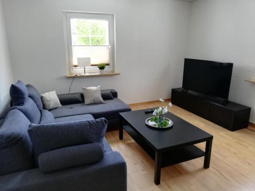 a living room with a blue couch and a tv at Ferienwohnung Sauerland in Drolshagen