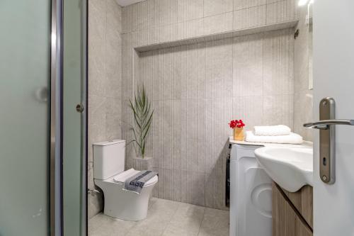 uma casa de banho branca com um WC e um lavatório em Oceanida Terpsis Lyxury Suite em Nikiana