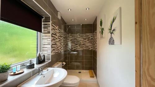 a bathroom with a sink and a toilet and a window at Shenstone Lodge in Kidderminster