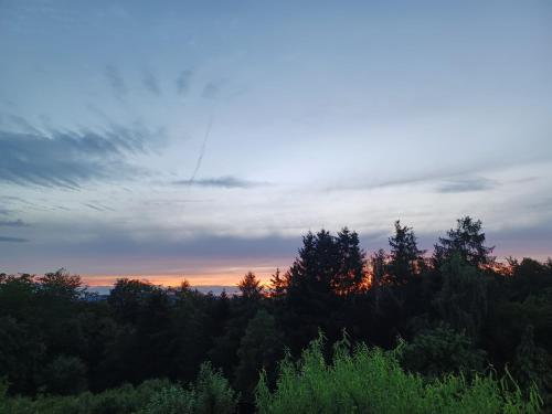 a sunset in the sky over a forest of trees at Ferienwohnung am Sendberg in Frielendorf