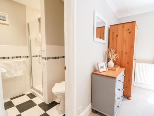 a bathroom with a shower and a toilet at Farm View Lodge in Stroud