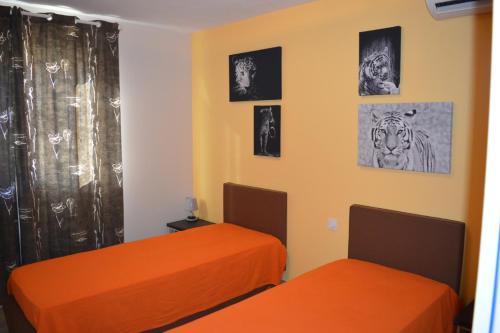 2 camas naranjas en una habitación con fotos en la pared en Le Cavaou en Mérindol