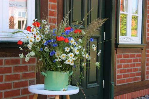 eine grüne Vase mit Blumen auf einem Tisch neben einer Tür in der Unterkunft Plater Hermann in Lüchow