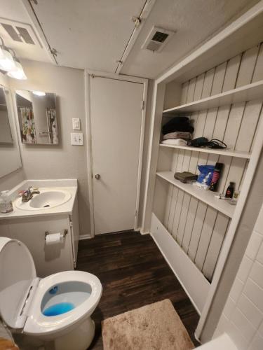 a small bathroom with a toilet and a sink at Five Minutes from At&t Stadium, Globe Life & More in Arlington