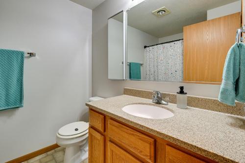 a bathroom with a sink and a toilet and a mirror at Dog-Friendly Baraboo Vacation Rental with Yard! in Baraboo