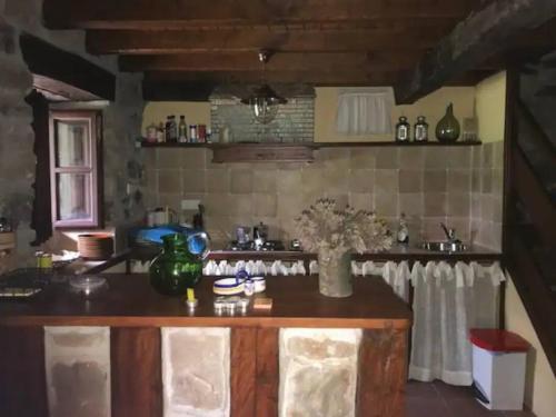 a kitchen with a counter with a vase of flowers on it at Cabaña Pasiega "La Reina del Paraíso" in San Roque de Ríomiera