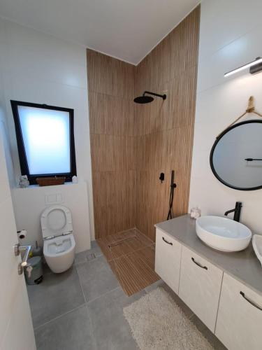 a bathroom with a toilet and a television on the wall at קסם היסוד in Yesod Hamaala