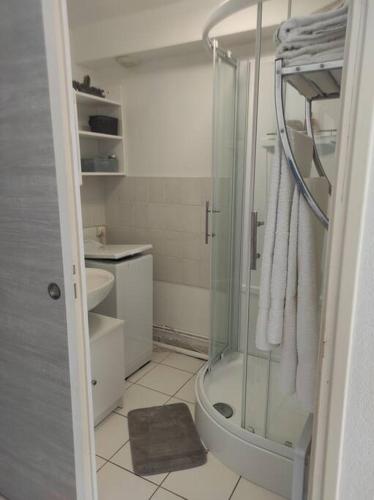 une salle de bain avec une douche, des toilettes et un lavabo dans l'établissement L'Albatros 15, à Fort-Mahon-Plage