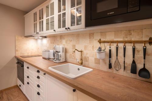 a kitchen with a sink and a counter with utensils at Prague West - Studio Chyne Terrace in Chýně