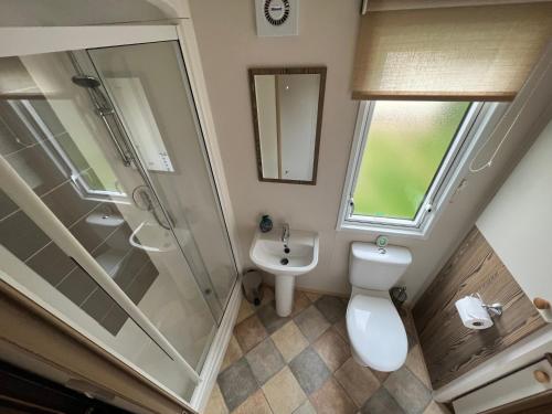 a bathroom with a shower and a toilet and a sink at Althea, White Horse, Seal Bay Resort in Selsey