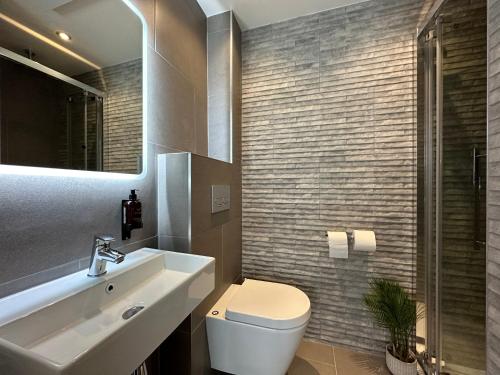 ein Badezimmer mit einem WC, einem Waschbecken und einem Spiegel in der Unterkunft Central Studios in Cardiff