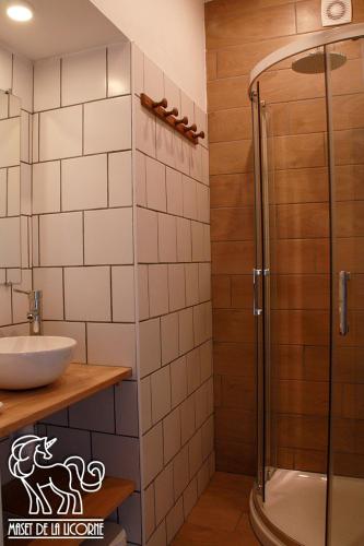 une salle de bain avec douche et lavabo dans l'établissement Maset de la Licorne, à Nedde