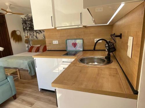 - une petite cuisine avec un évier et un lit dans l'établissement Coqueto Estudio junto a Sierra Nevada, à Güéjar-Sierra