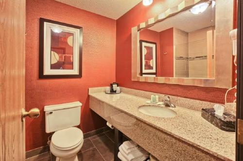 a bathroom with a toilet and a sink and a mirror at Comfort Inn & Suites and Conference Center in Mount Pleasant