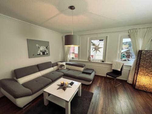een woonkamer met een bank en een tafel bij Apartment Igel im Herzen von Braunlage in Braunlage