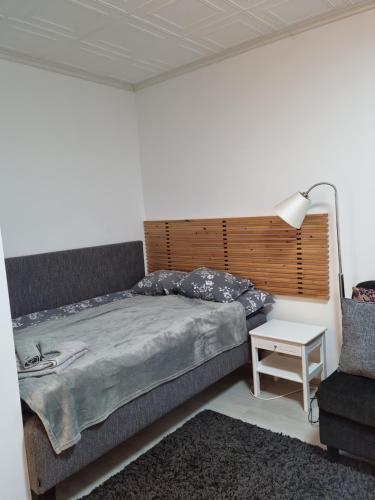 波里的住宿－Kompakti yksiö pienkerrostalossa，一间卧室配有一张床、一盏灯和一把椅子