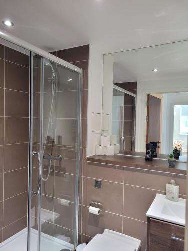 a bathroom with a shower and a toilet and a sink at 2BR Chic London Sleep 9 BP7 in London