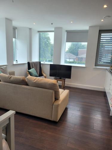 a living room with a couch and a flat screen tv at 2BR Chic London Sleep 9 BP7 in London