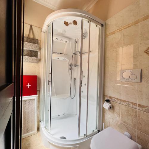 a glass shower in a bathroom with a toilet at The Old Fashioned House in Pizzo