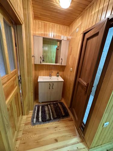 Baño pequeño con lavabo y espejo en أوزونغول Uzongol Fotinos Wooden Cottage Two Bedroom, en Çaykara