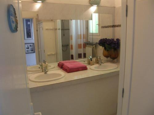 een badkamer met 2 wastafels en een grote spiegel bij shargib2 - 70m2 au rdc d une jolie villa in Saint-Paul-de-Vence