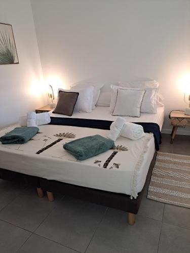 two beds sitting next to each other in a room at Les Villas Jalnas logement HATEYA in Les Trois-Îlets