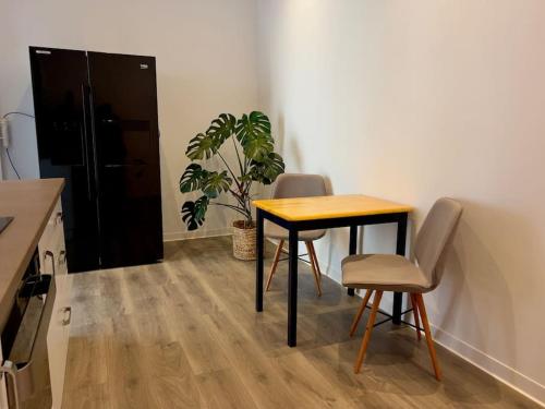 einen Tisch und Stühle in einer Küche mit einer Pflanze in der Unterkunft Apartament la casă în Centrul Orăștiei in Orăştie