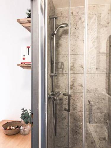 une douche avec une porte vitrée dans une salle de bain dans l'établissement Cocon Urbain - Centre ville - BY PRIMO C0NCIERGERIE, à Chalon-sur-Saône