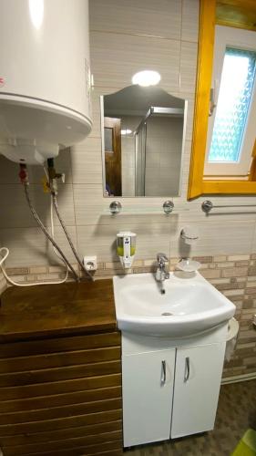 a bathroom with a white sink and a mirror at Котедж "Смерековий затишок" in Vorokhta
