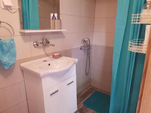 uma casa de banho com um lavatório e um chuveiro em Holiday home above the Bukumirsko Lake em Podgorica