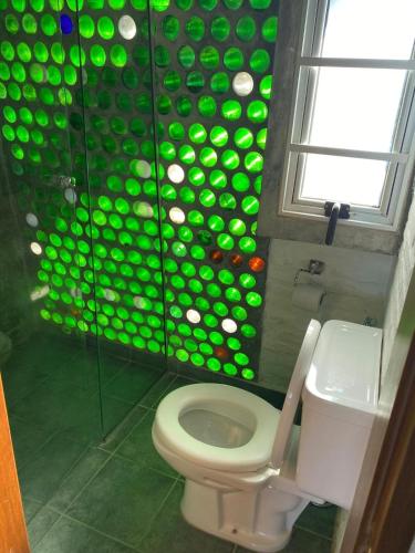 a bathroom with a green wall with a toilet at Miralejos in Punta Del Diablo