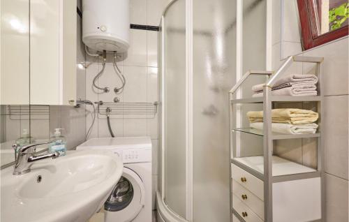 a bathroom with a sink and a washing machine at Nice Home In Petrinja With House A Panoramic View in Petrinja