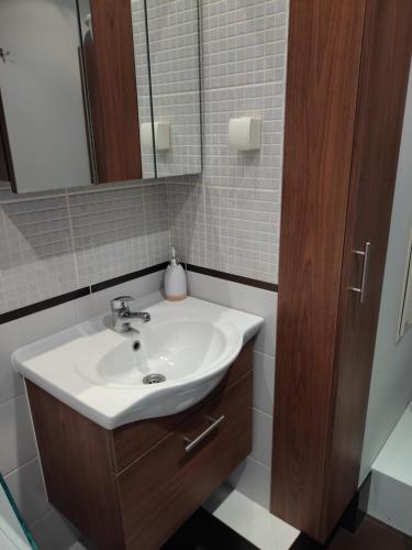 W łazience znajduje się umywalka i lustro. w obiekcie Apartament Familijny w Olsztynie