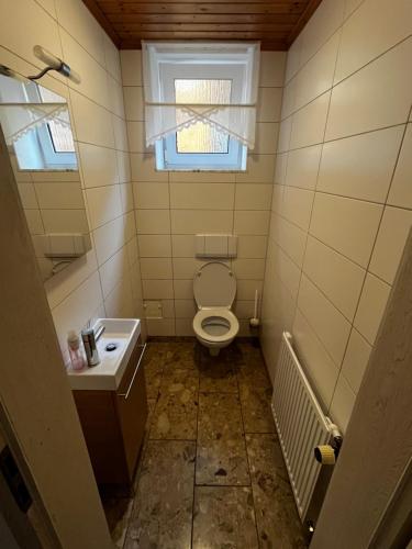 a bathroom with a toilet and a sink and a window at WOHNEN AUF ZEIT in Göppingen