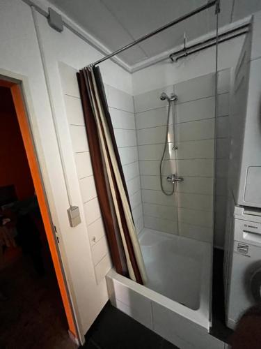 baño con ducha y puerta de cristal en WOHNEN AUF ZEIT en Göppingen
