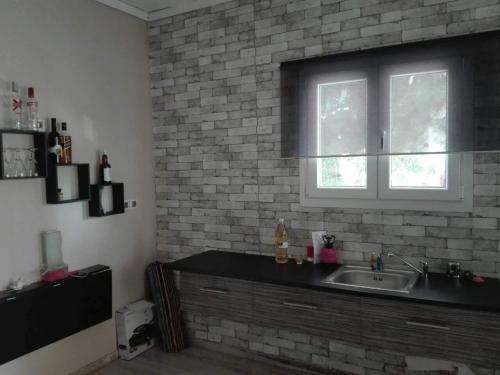 een keuken met een wastafel en een bakstenen muur bij TS-George's apartments by the airport in Markopoulon