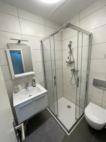 a bathroom with a shower and a sink and a toilet at Hotel Kellermann in Overath