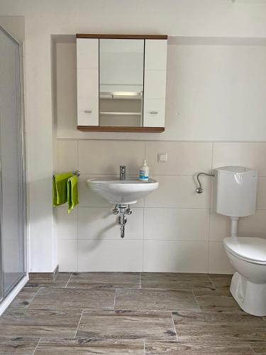 a bathroom with a sink and a toilet at Ferienwohnung in Seenähe! in Timelkam