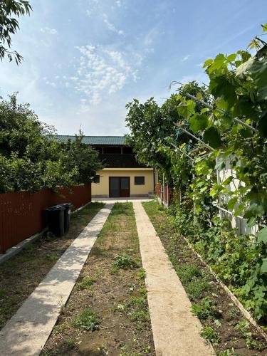 Ein Gehweg führt zu einem Haus mit einem Zaun. in der Unterkunft Casa Niculitel langa Bazilica in Niculiţel
