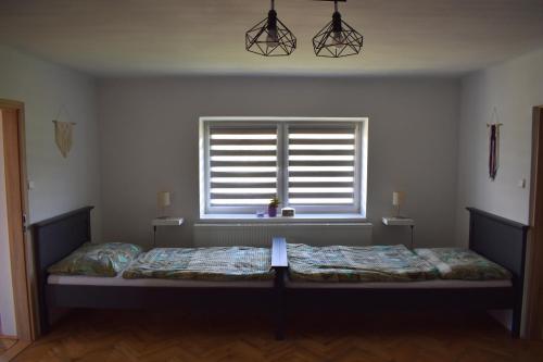a bedroom with a bed in front of a window at PENZION a FARMA NA BORŮVKOVÉM VRŠKU in Bujanov